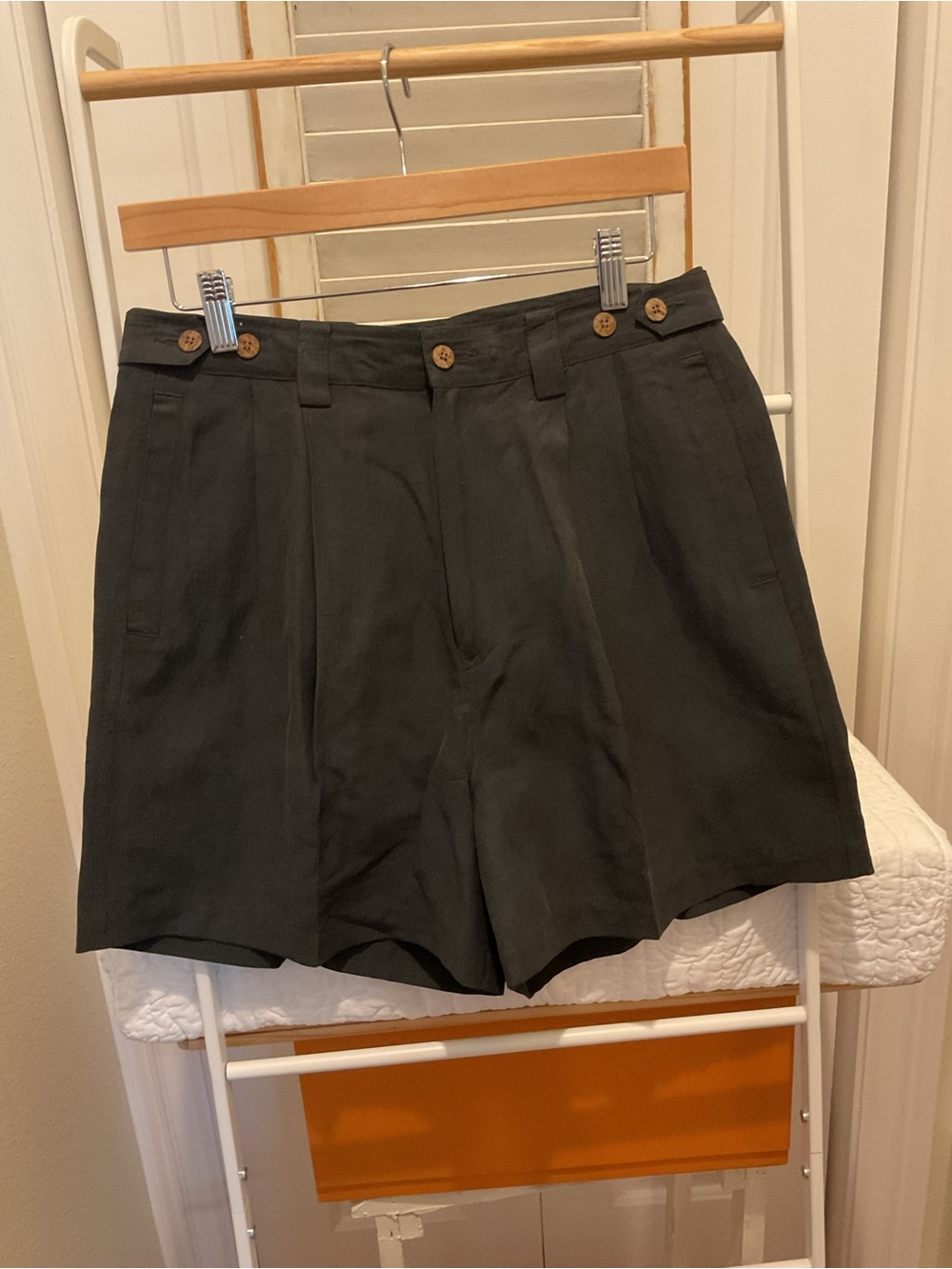 Tommy Bahama Black Pleated Bermuda Shorts with Wooden Buttons Accent